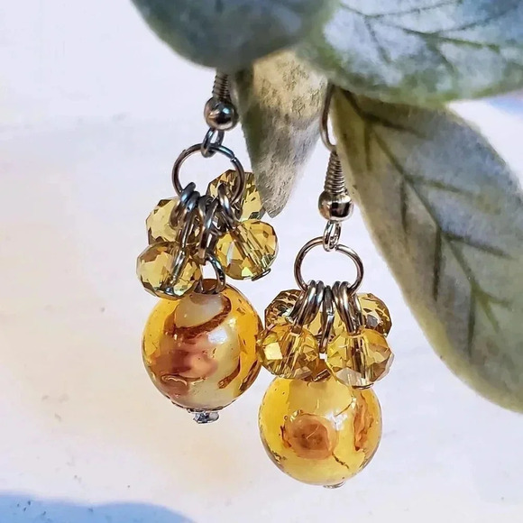 Amber Orange Murano Glass Flower Czech Crystal Bead Cluster Handcrafted Earrings - Picture 4 of 4